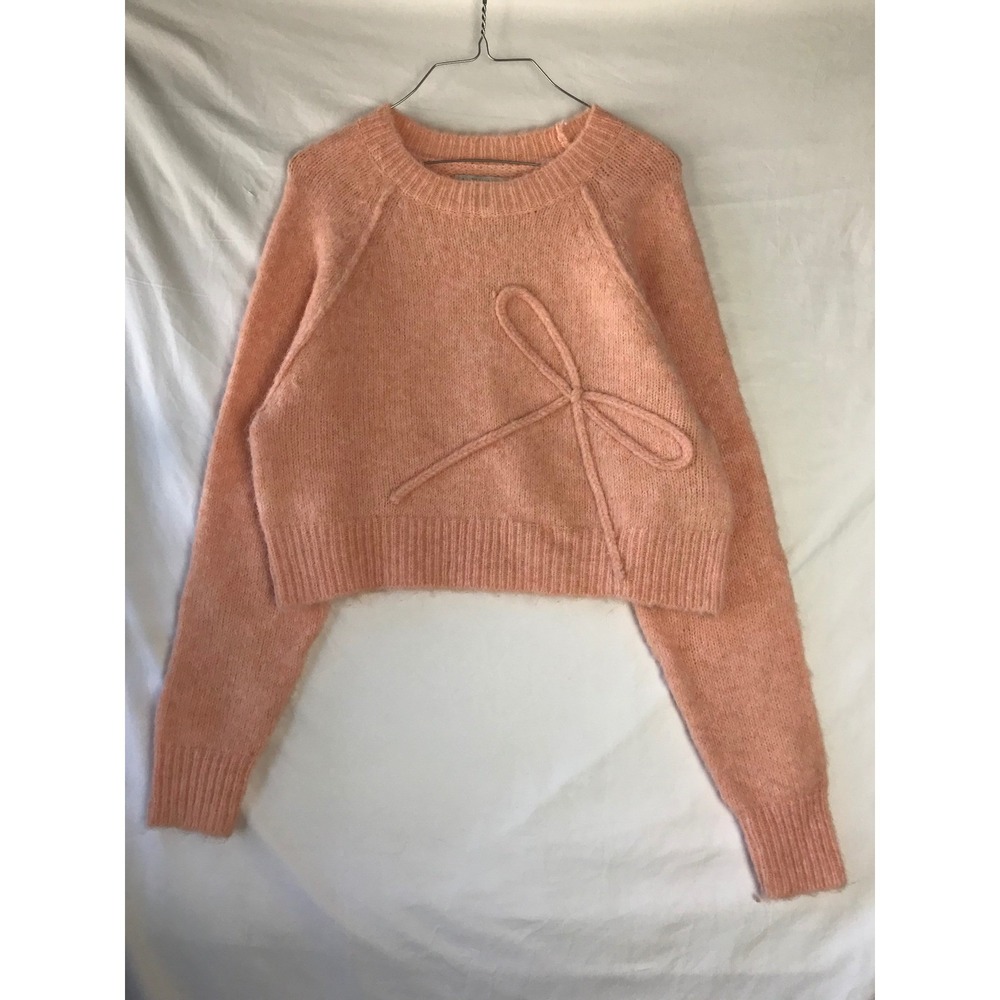 American Eagle Pink Fuzzy Bow Cropped Sweater NWT Peach Knit Pullover Small